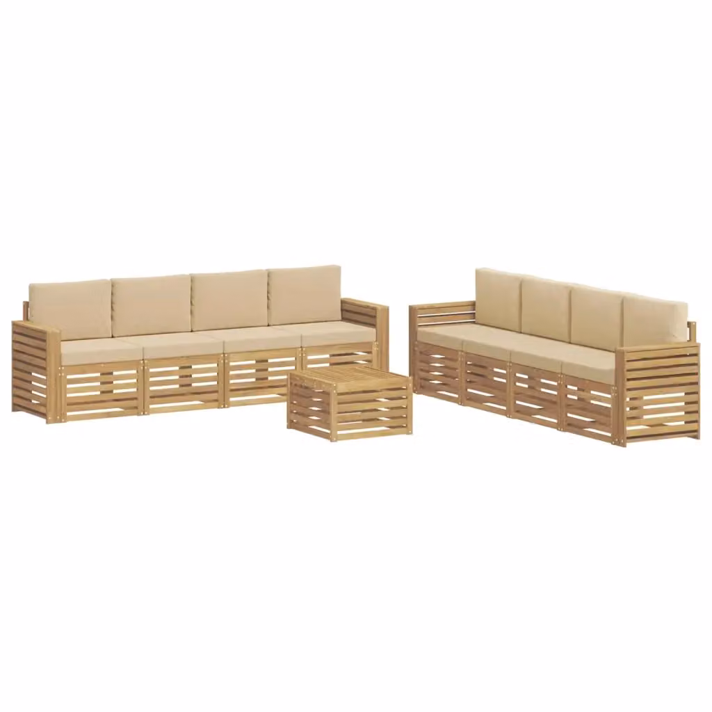 Set di divani da esterno a forma di U vidaXL in legno di acacia con tavolo da caffè e cuscini, Bianco e Beige – 2