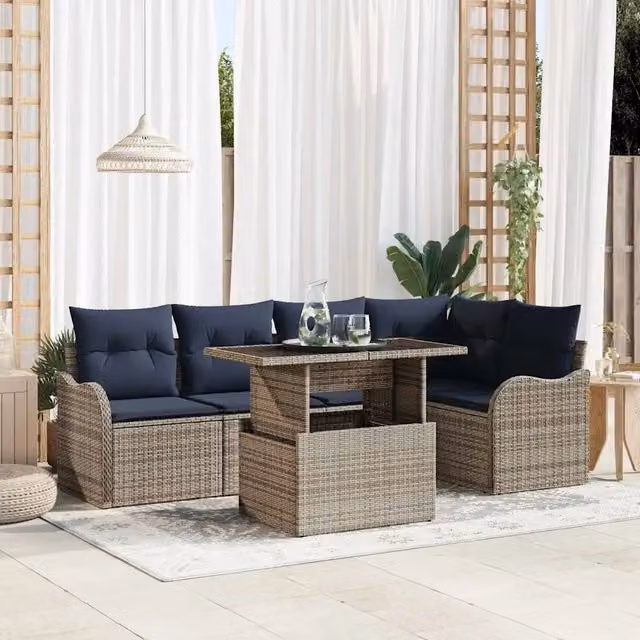 Set da pranzo moderno vidaXL in polyrattan grigio e blu con tavolo in vetro e 6 sedie con cuscini rimovibili resistenti alle intemperie