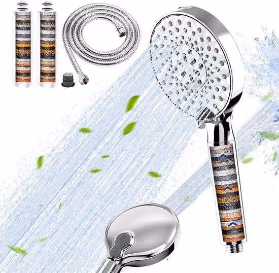 Doccia manuale Ibenzoa® con filtro a 30 strati, 9 tipi di getto, doccia manuale ad alta pressione con tubo flessibile, cromata, a risparmio idrico, non adatta per scaldacqua istantanei