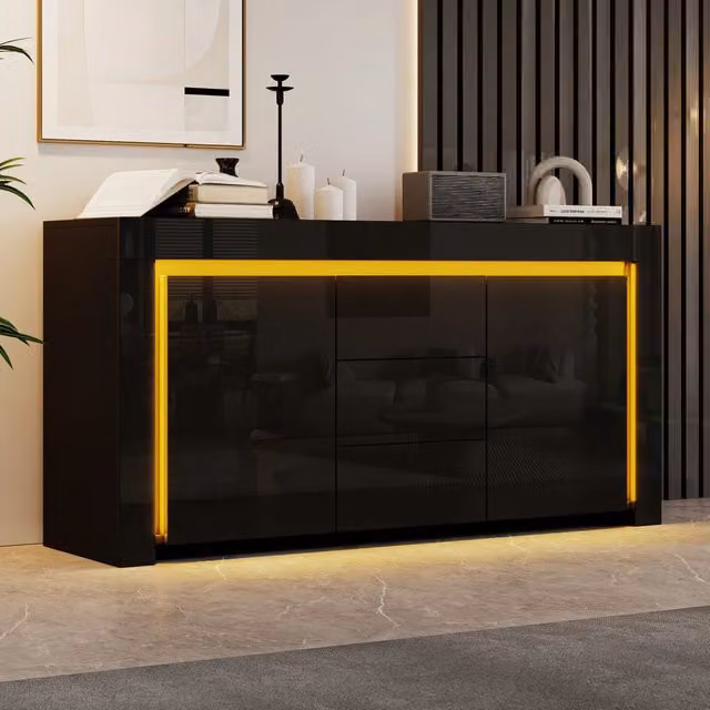 Comodino moderno nero lucido 140x40x65 cm con striscia LED, 2 ante e 3 cassetti. Mobile contenitore per soggiorno, corridoio e ufficio.