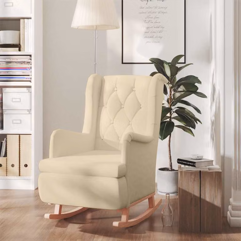 vidaXL Poltrona a Dondolo in Legno di Hevea e Tessuto Beige