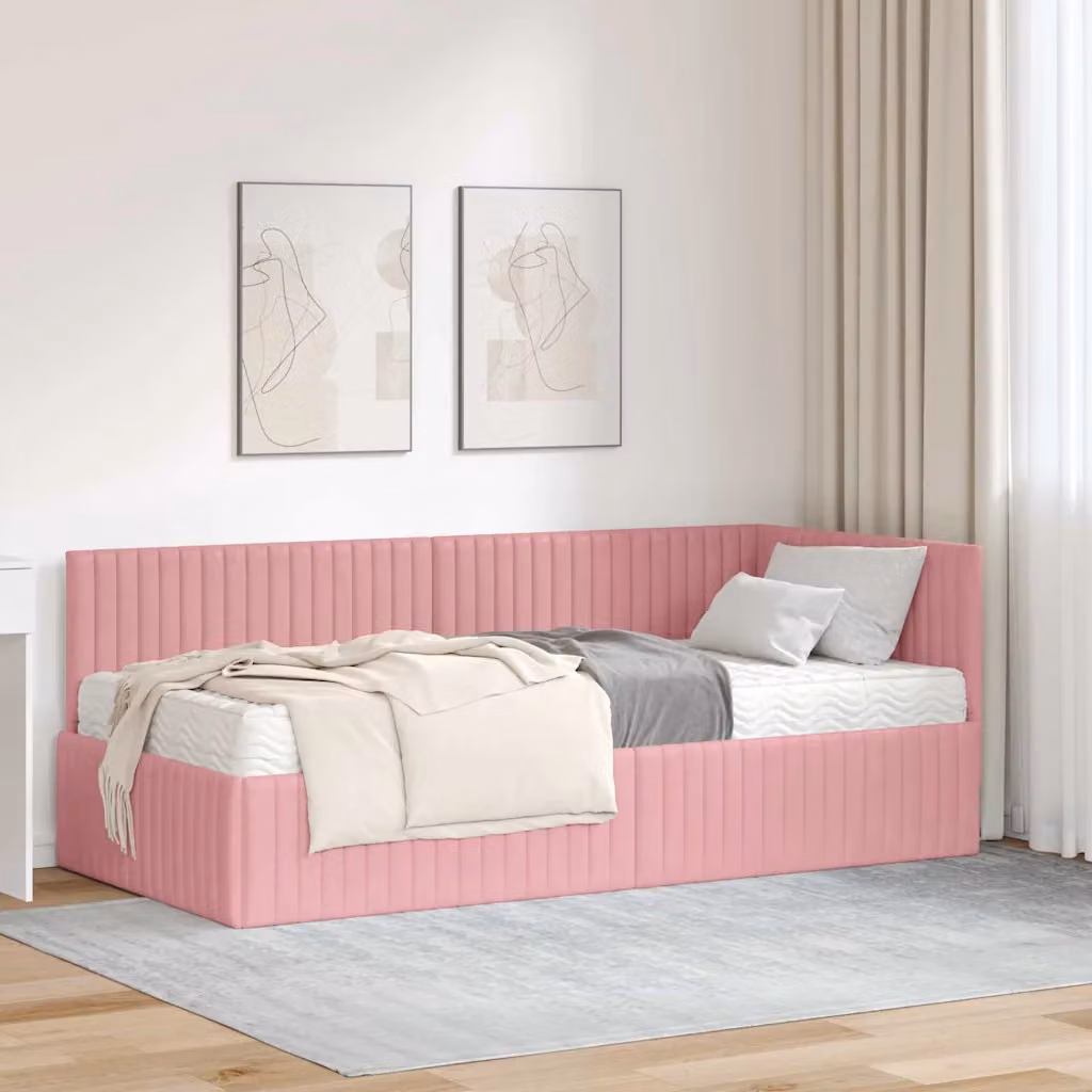 Letto angolare con 2 materassi vidaXL in tessuto rosa, L/P/H: 90 x 190 x 72 cm