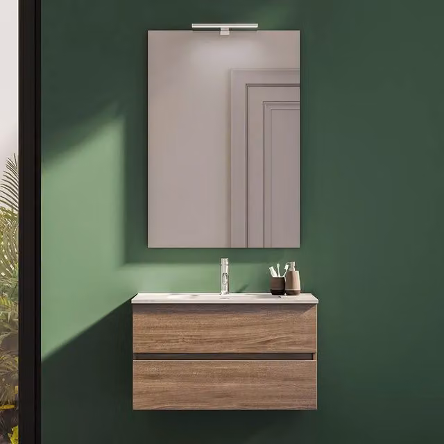 Mobile da bagno sospeso 90 cm rovere scuro con lavabo e specchio | Yili