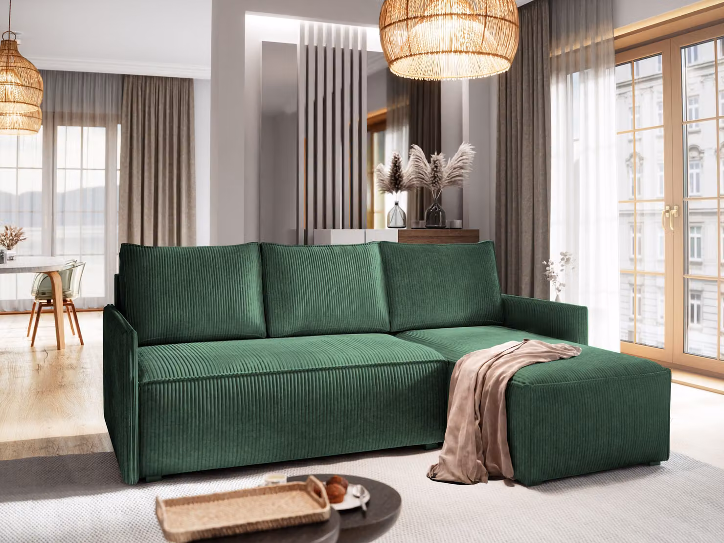 Divano angolare Masseno PERUSI con funzione letto a L, divano con box letto, divano da salotto, divano, divano, divano letto, set di divani - verde, POSO 14