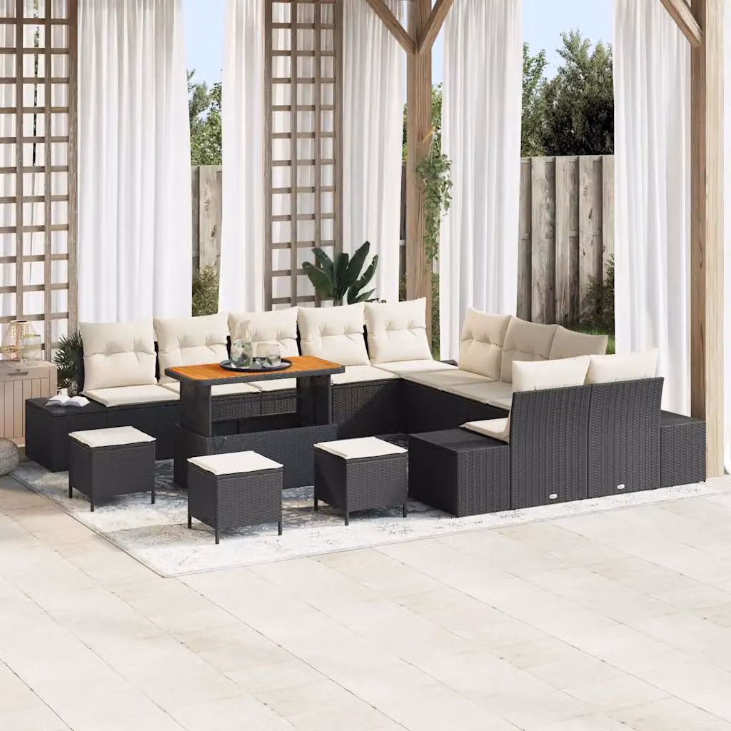 Set Divano da Giardino vidaXL a forma a U con 14 pezzi, Nero e Beige, con Cuscini e Tavolino da Caffè – 1
