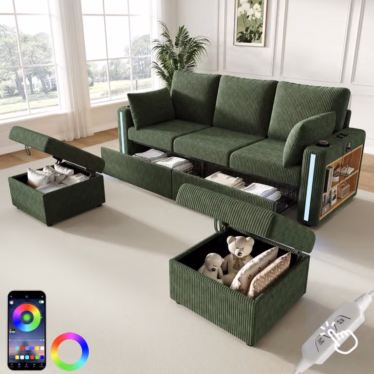Divano modulare a forma di "U" Merax, divano angolare a 5 posti con 2 poggiapiedi contenitori, illuminazione ambientale a LED, porte USB/Type-C, divano "Cord" con 3 cassetti, divano, verde