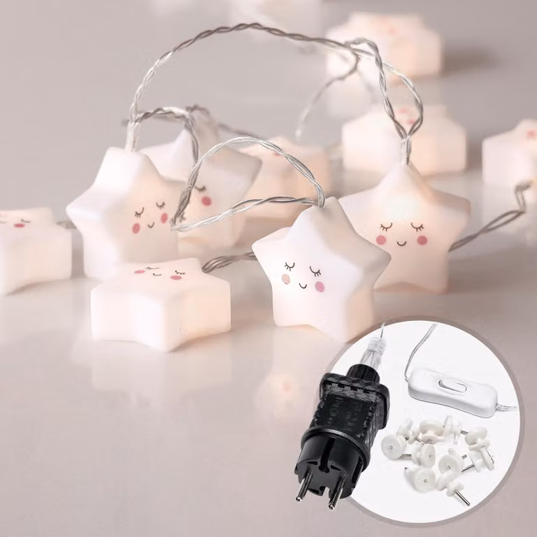 Catena luminosa con 20 LED a forma di stella, lunghezza 6 metri, luce bianca calda, con spina, ideale per la cameretta dei bambini