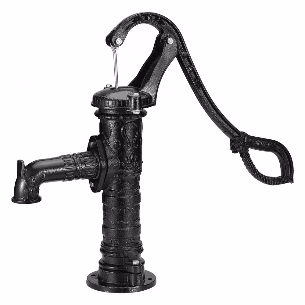 Pompa a battente in ghisa 40x15x68cm - Pompa a mano con uscita dell'acqua (ØxL) 6,5x22cm - Pompa a mano 16cm - Diametro base pompa da giardino nero - Decorazione per laghetti e giardini di famiglia