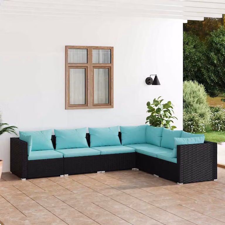 Set Divani da Giardino vidaXL 6 pz a Forma a L con Cuscini, Struttura in Metallo e Polyrattan, Colore Nero, Blu e Turchese