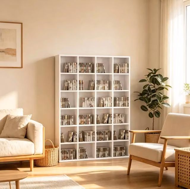 Scaffale CD e DVD 89x20x130,5 cm bianco in pannello truciolare, ripiani regolabili