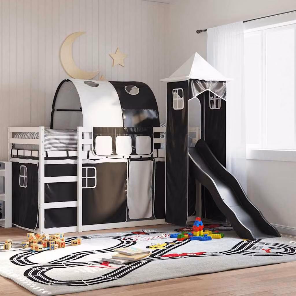 Letto a Castello per Bambini vidaXL in Legno di Pino con Scivolo e Tende Bianco, Nero e Antracite L/P/H: 205.5 x 90 x 113 cm – 1