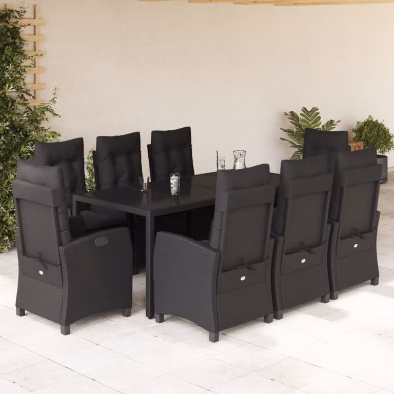 Set da Pranzo da Giardino vidaXL in Polyrattan Nero con Cuscini e Tavolo in Vetro, 9 Pezzi