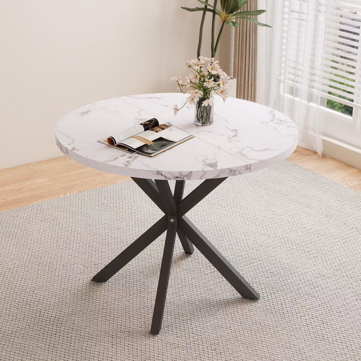 Tavolo rotondo da pranzo, diametro 100 cm, piano in MDF con gambe in metallo, bianco e nero