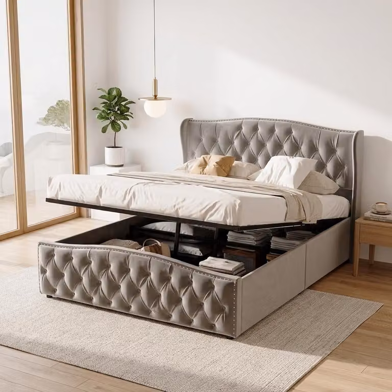 Letto imbottito INONEFT, modello boxspring, 140x200 cm, con spazio contenitore ad apertura idraulica, letto per ragazzi, letto matrimoniale con rete a doghe, letto contenitore, in velluto, colore grigio