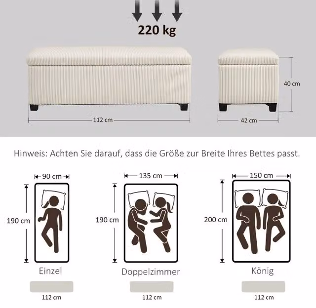 Panca contenitore ULEVR 112x42x40 cm in poliestere beige, 84 L, struttura in acciaio, portata 220 kg