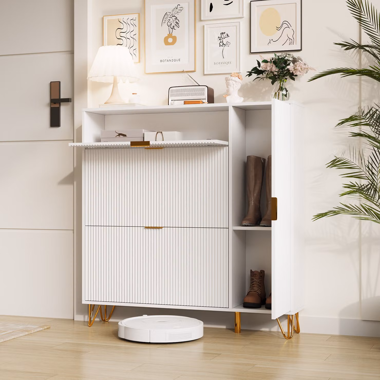 Cassettiera UnboxG, credenza con 2 sportelli scarpiera ribaltabile, mobile da soggiorno con ante, con gambe in metallo, 110x111,5x24cm, bianco