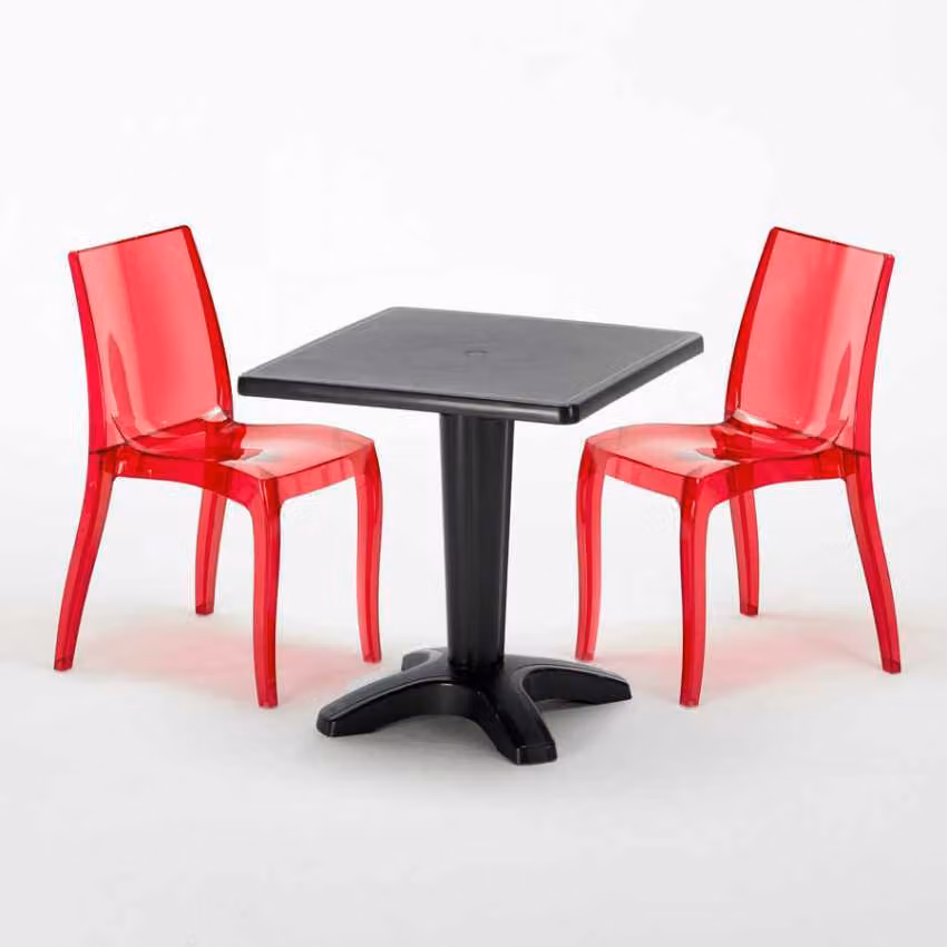 Tavolo quadrato nero e 2 sedie Set di aste per interni in polipropilene colorato Grand Soleil Cristal Light Balcony - Rosso trasparente