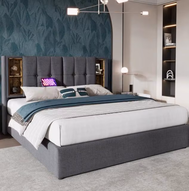Letto matrimoniale 160x200 cm con ricarica wireless USB-C, struttura imbottita in cotone grigio con contenitore e rete a doghe in legno