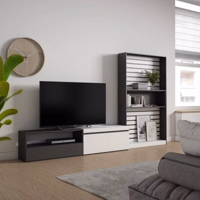 Mobile TV, Soggiorno, 310x35x186cm, Per TV fino a 80", Set di mobili, Bianco e nero RF2850