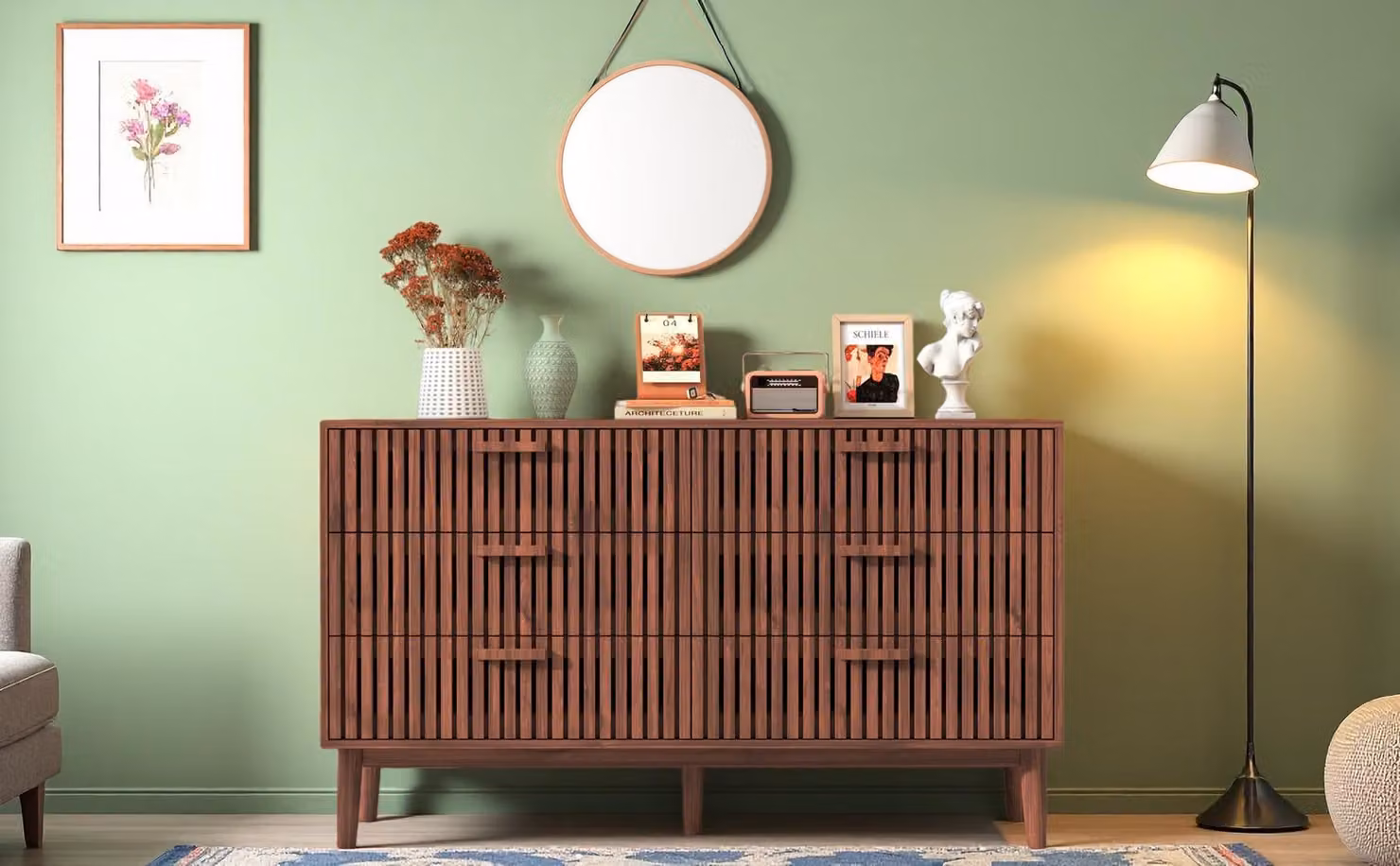 Comodà ProximaX a 6 cassetti – Comodà in stile Mid-Century Modern con effetto scanalato, design in legno color noce, mobile capiente per camera da letto e soggiorno