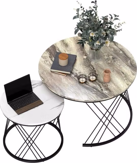 Set di 2 tavolini da caffè impilabili Xylo rotondi con effetto marmo nei colori grigio e bianco – 1