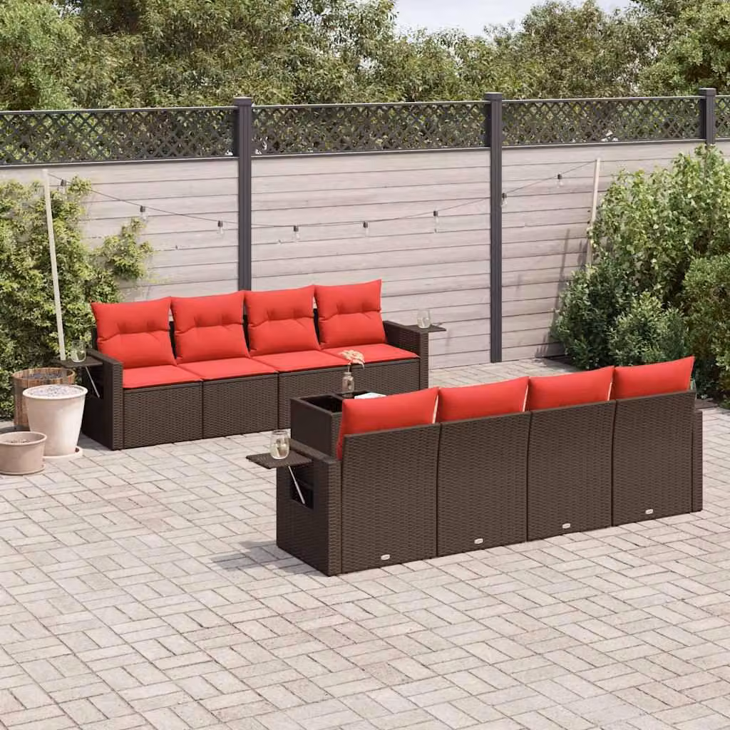 Maison Exclusive - Set divano da giardino 9 pezzi con cuscini, marrone, polyrattan
