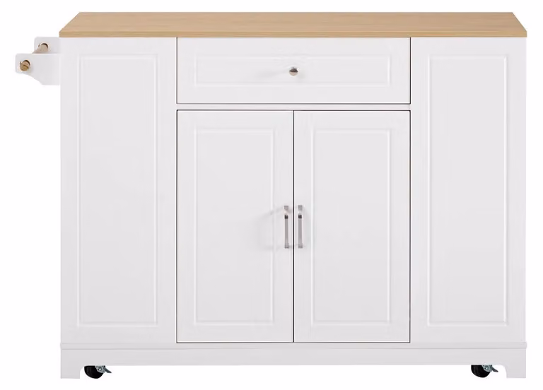 Isola cucina mobile - Isola cucina con ruote - Area pranzo estendibile - Cassetti multifunzionali - Contenitore per rifiuti - MDF - Bianco