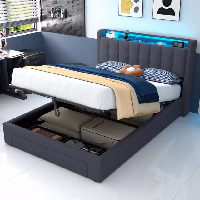 Letto contenitore 140x200 cm con rete; testiera; porte USB e illuminazione LED; cassetti; velluto grigio scuro (senza materasso)