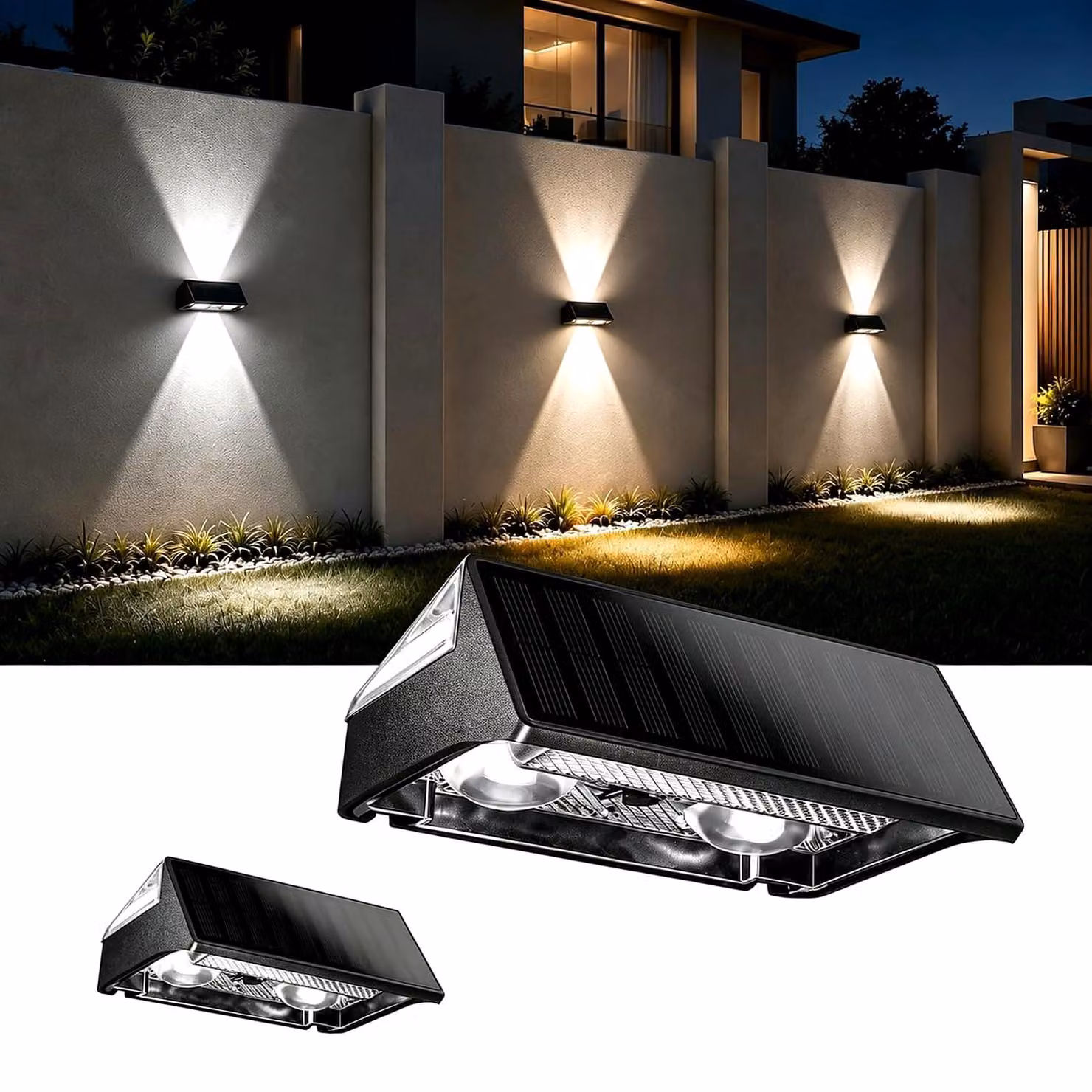 Lampade da esterno a energia solare, confezione da 2, con 4 LED, illuminazione direzionale verso l'alto e verso il basso, grado di protezione IP65, 3 colori disponibili