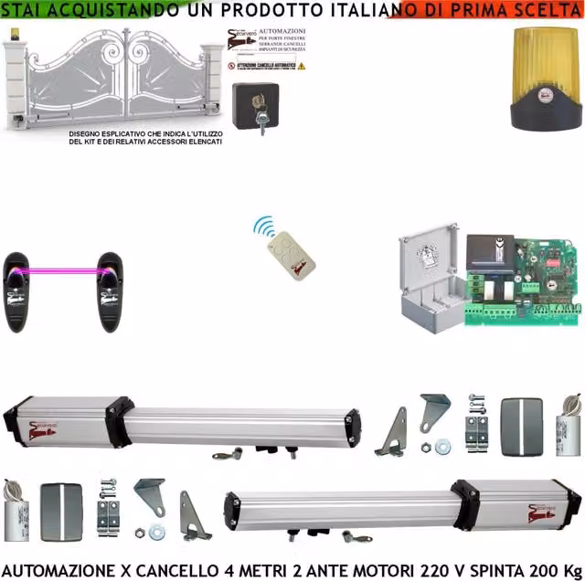 Automatismo Cancello 4 Metri 2 Ante da 2 M Kit Base 2 Motori Elettromeccanici 230 V Corsa 300 mm Spinta 2 Q.li Sblocco Staffe Radiocomando 1 Coppia di Fotocellule Selettore 2 Ck Faro Cartello Monitore