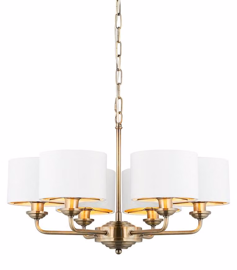 Lampada a sospensione HIGHCLERE in ottone anticato, 6xE14x15W, tessuto, dimensioni: 185,5x53,7x53,7 cm, IP20, Endon