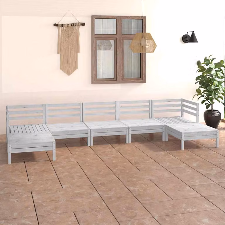 Set Salotto da Giardino vidaXL in Legno di Pino Bianco con Cuscini, Design a L con Divano a 3 Posti, Elementi Angolari e Pouf, 7 Pezzi