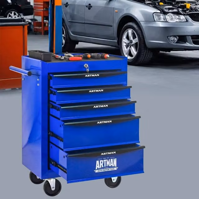 Carrello portautensili multifunzione WISHDOR in acciaio con 5 cassetti e ruote, nero e blu, L/P/H: 77,5 x 60,0 x 33,0 cm