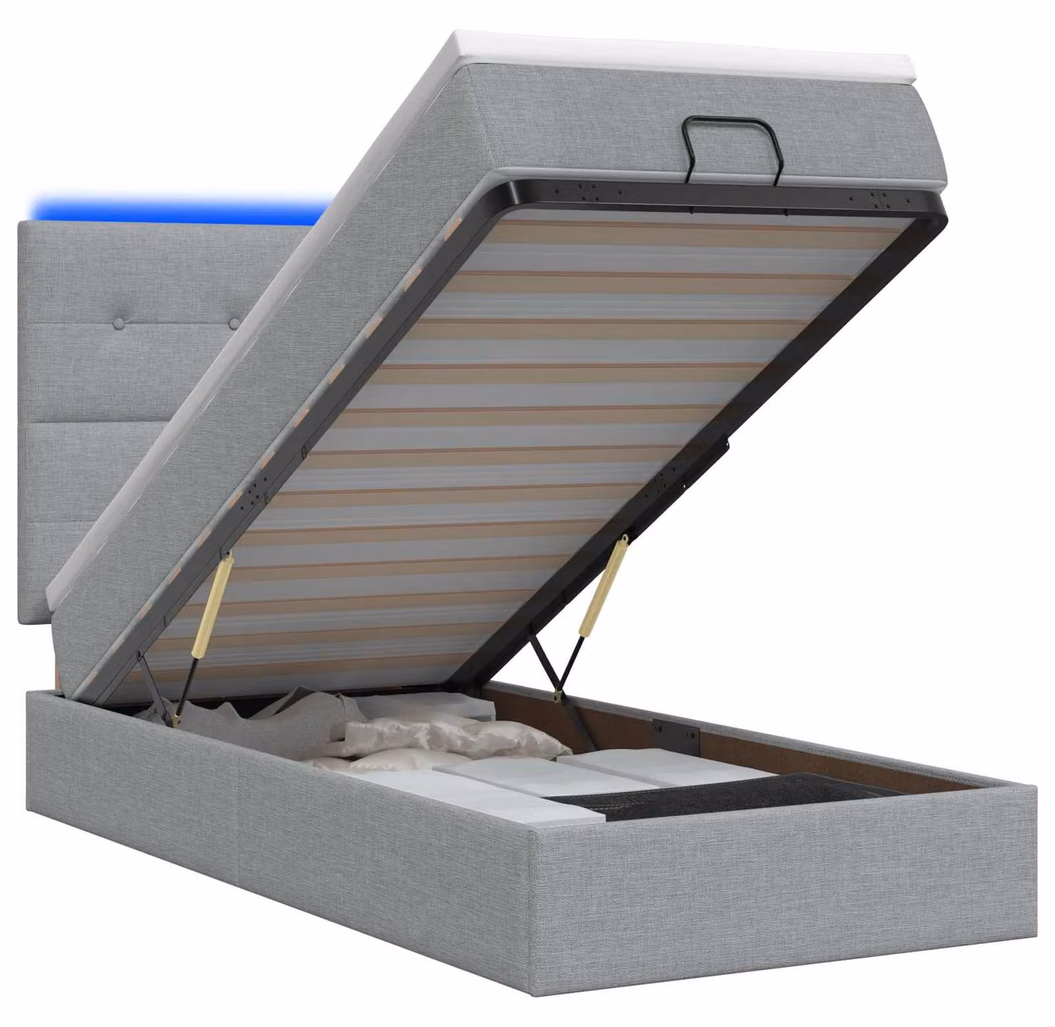 Panca contenitore con materasso e illuminazione LED, grigio chiaro, 90 x 200 cm, rivestita in tessuto