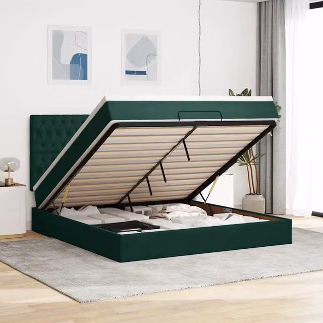 Letto con contenitore a sollevamento vidaXL in velluto verde e bianco, L: 160 cm, P: 203 cm, H: 280 cm – 1