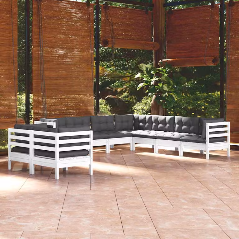 vidaXL Set Divani da Giardino a Forma di U in Legno di Pino con Cuscini, 9 Pezzi, Colore Bianco, Antracite e Grigio