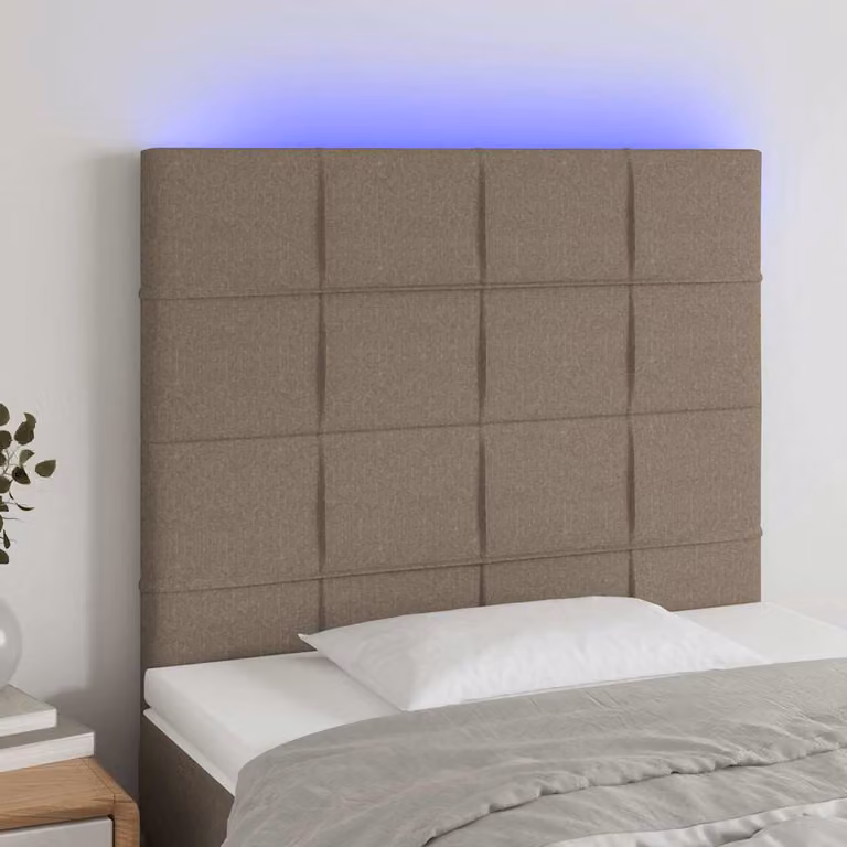 Testiera per letto vidaXL con illuminazione LED e porta USB, rivestimento in tessuto tortora, L 100 cm, P 5 cm, H 118-128 cm