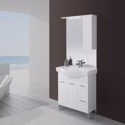 Mobile bagno a terra bianco lucido con pensile e specchio con illuminazione LED INBAGNO L/P/H: 86.5 x 35.6 x 82.0 cm – 2