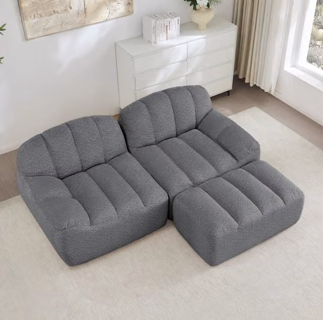 Divano modulare angolare 2 posti con pouf collegabile in pile granulato grigio