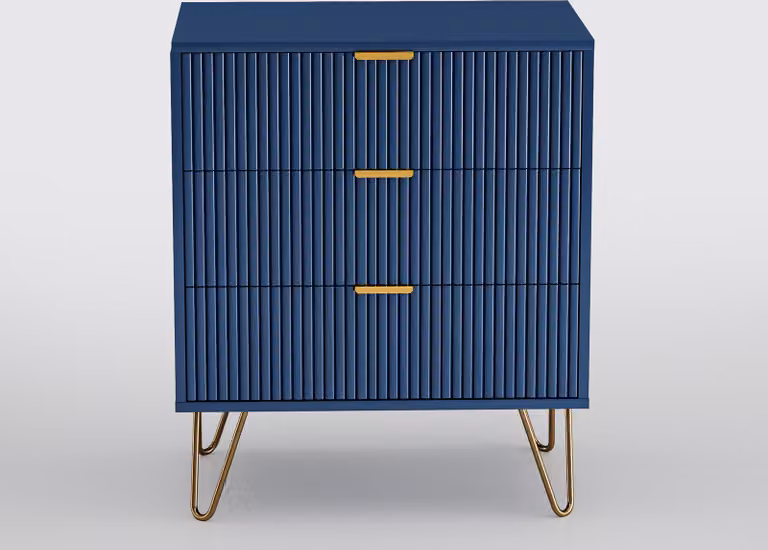 Cassettiera Fortuna Lai con 3 cassetti, credenza con gambe dorate, H: 70 cm, L: 60 cm, P: 40 cm. Cassettiera, cassettiera con cassetti, credenza soggiorno, blu navy