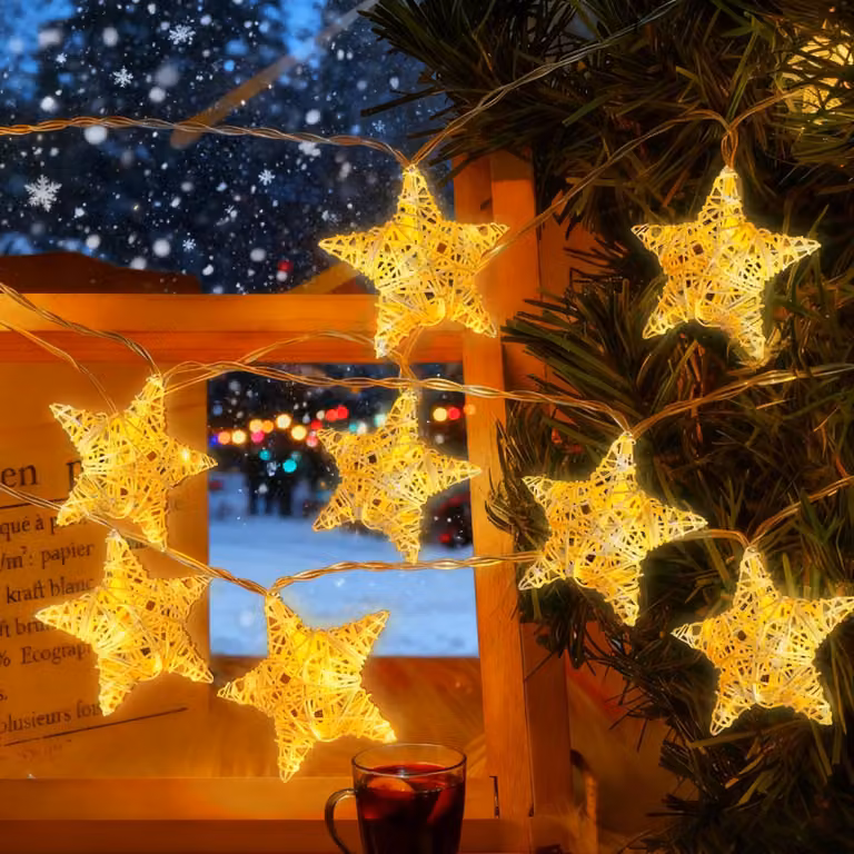 Catena luminosa a LED per esterni, con 10 stelle, lunghezza 2 metri, aspetto in rattan, alimentazione a batteria