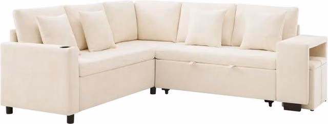 Divano angolare convertibile Chicfurn beige con vano contenitore, ricarica USB e cuscini inclusi, L 220 x P 86.5 x H 76 cm