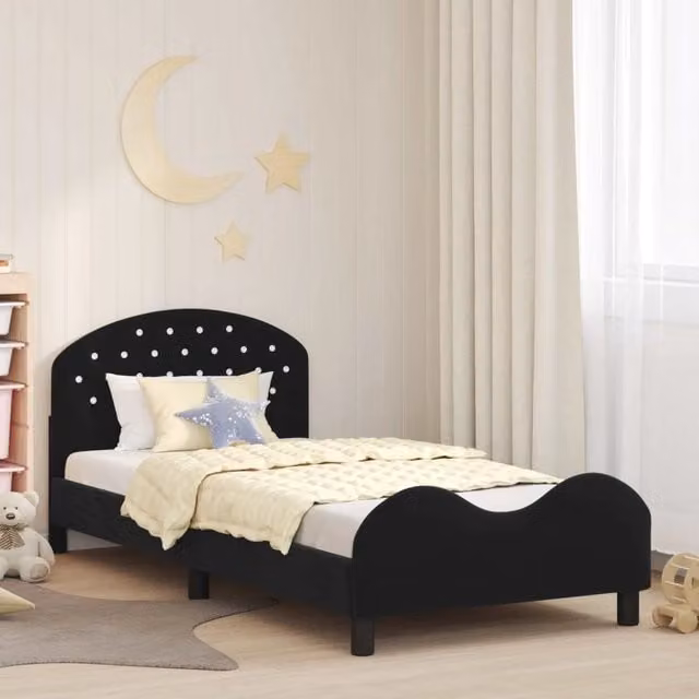 Struttura letto per bambini con testata e giroletto in velluto nero DESIGN IN L 90 x P 190 cm