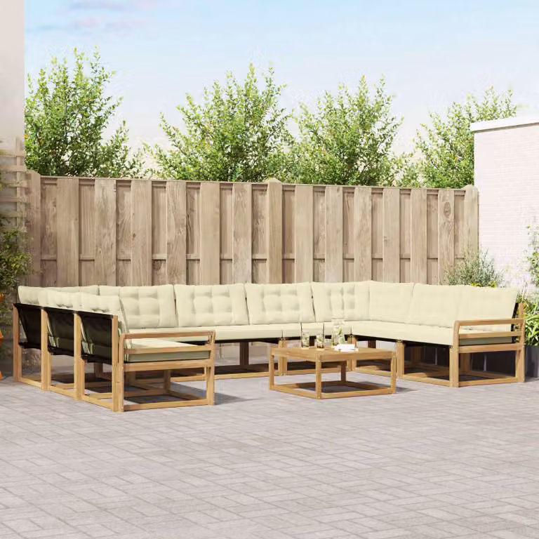 vidaXL Set di divani da esterno 10 pezzi in legno di acacia con cuscini Bianco e Beige