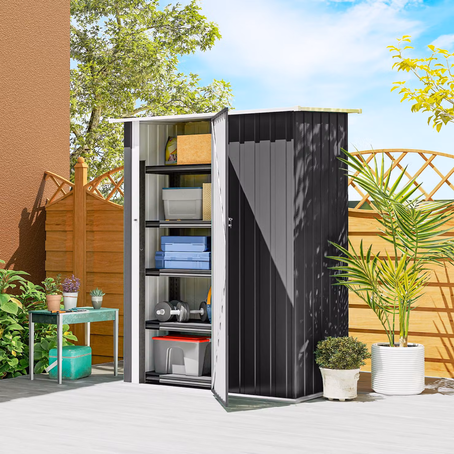 Capanno porta attrezzi in metallo Outsunny con tetto inclinato e porta bloccabile, Grigio Antracite, L: 142 cm, P: 86 cm, H: 189 cm – 2