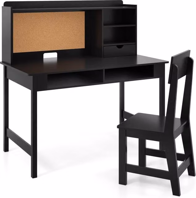 Set scrivania e sedia in legno per bambini con bacheca in sughero e cassetto, Set postazione computer con pensile e ripiani aperti per cameretta e scuola a casa Nero