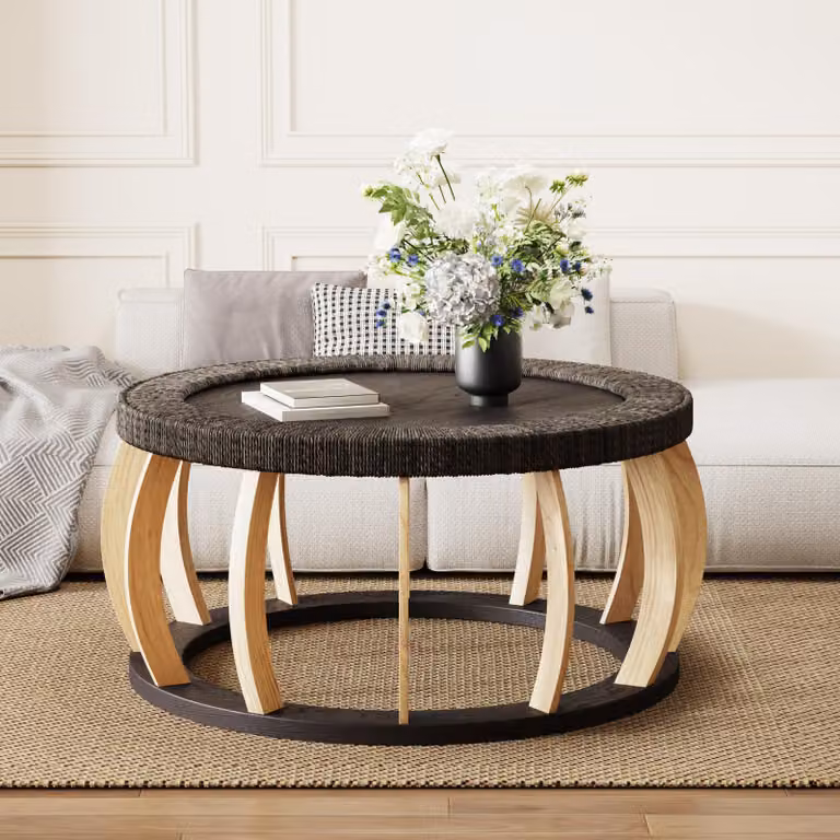 Tavolino STILVORA in legno massello con rattan, tavolo rotondo con gambe ricurve in stile vintage, tavolino in stile boho per soggiorno e sala da pranzo, tavolo per cucina e soggiorno
