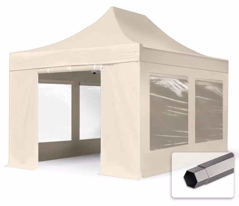 TOOLPORT 3x4,5m gazebo pieghevole con laterali (finestre panoramiche), PREMIUM acciaio, crema