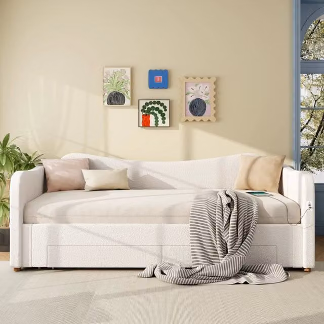 Letto estraibile singolo 90×200 cm e 180×200 cm con 2 cassetti, USB e Type-C, senza materasso, bouclé beige