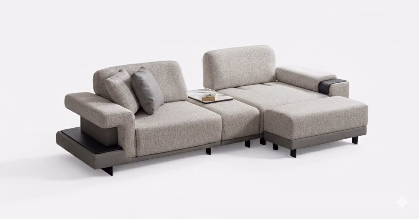 Divano ad L grigio, moderno, di design, elegante, confortevole, in tessuto